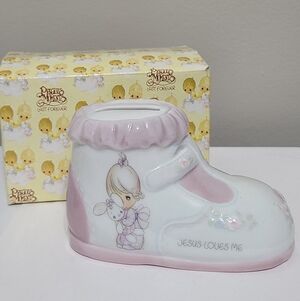 Precious Moments Girl with Bunny Jesus Loves Me Shoe Bank Porcelain Figurine